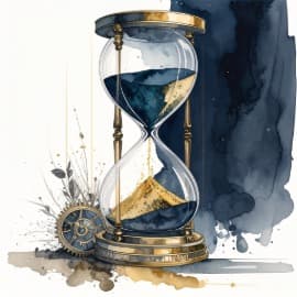 Elegant hourglass with sand flowing upward and visible gears — time returned through automation